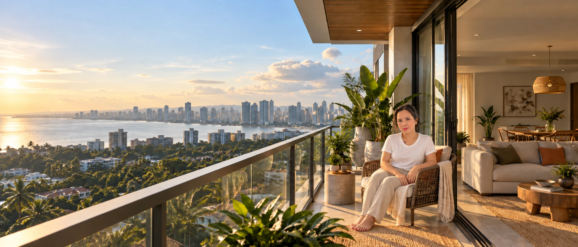Modern apartment overlooking a tropical coastal city